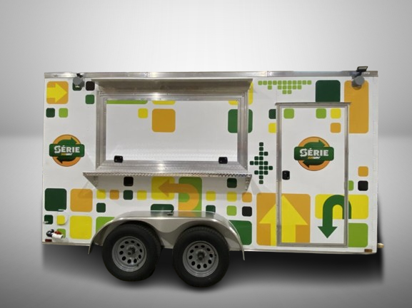 Custom vinyl wrap on food trailer by Toronto Car Wrap – vibrant commercial vehicle branding with geometric design and logo application in Toronto, Ontario