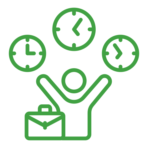 Icon showing person with clocks and briefcase, symbolizing flexible scheduling and convenient service hours offered by Toronto Car Wraps.