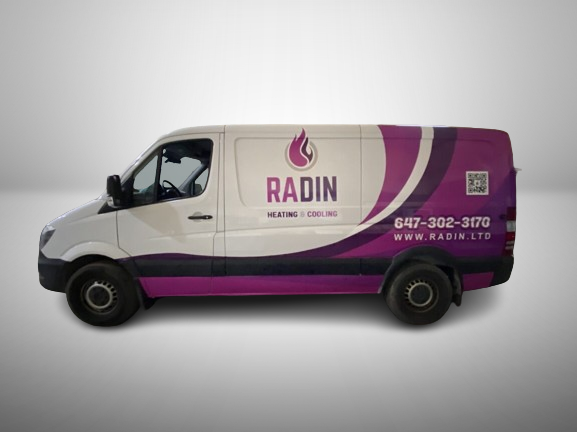 Custom HVAC van wrap for Radin Heating and Cooling in Toronto featuring branded graphics, company logo, and contact information by Toronto Car Wraps.