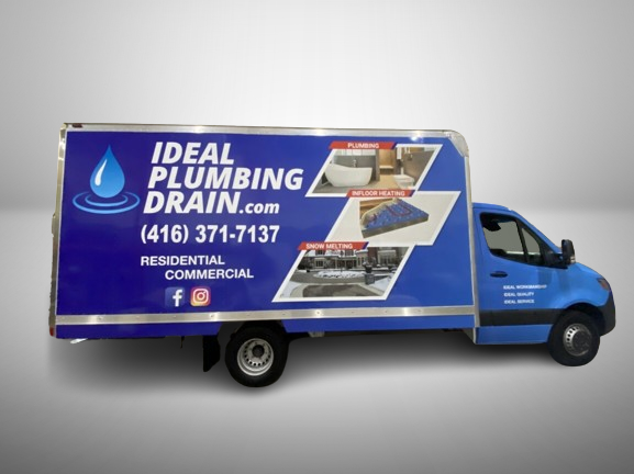 Custom commercial vinyl wrap on plumbing service truck for Ideal Plumbing in Toronto