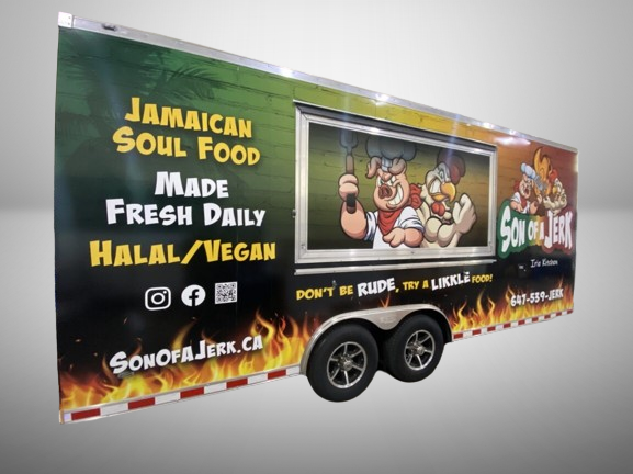 Son of a Jerk Jamaican food trailer wrap featuring custom halal and vegan branding by TorontoCarWrap.com in Toronto