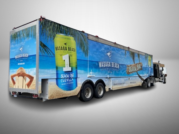 Wasaga Beach Brewing Company trailer wrap showcasing Beach Bar and Beach One Cerveza branding by TorontoCarWrap.com